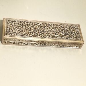 Vintage Ornate Engraved Metal Trinket/Cigarette Box 6.25” Floral Scroll